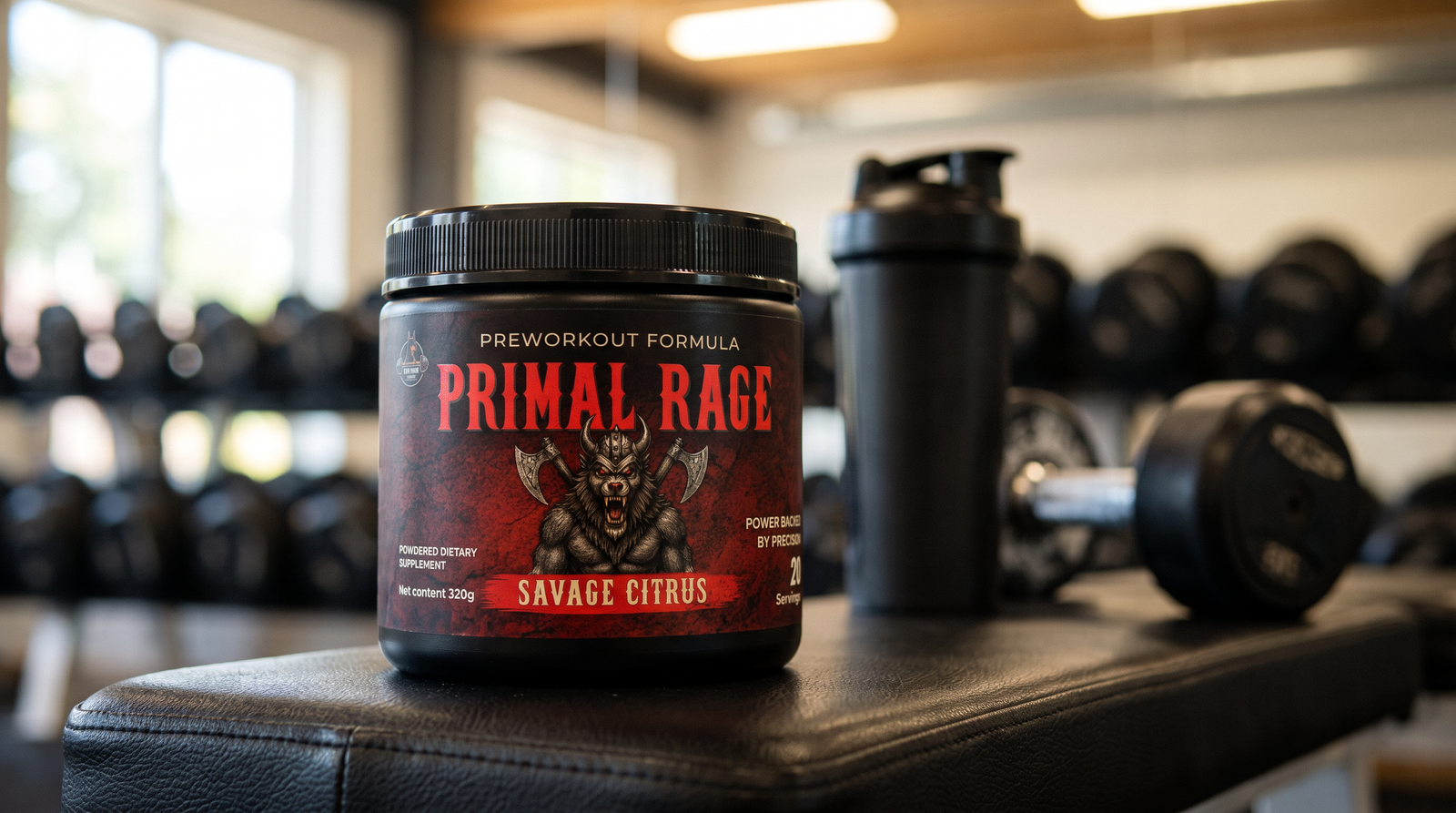 Bote de Primal Rage y un shaker negro sobre una banca de gimnasio, con mancuernas al fondo.