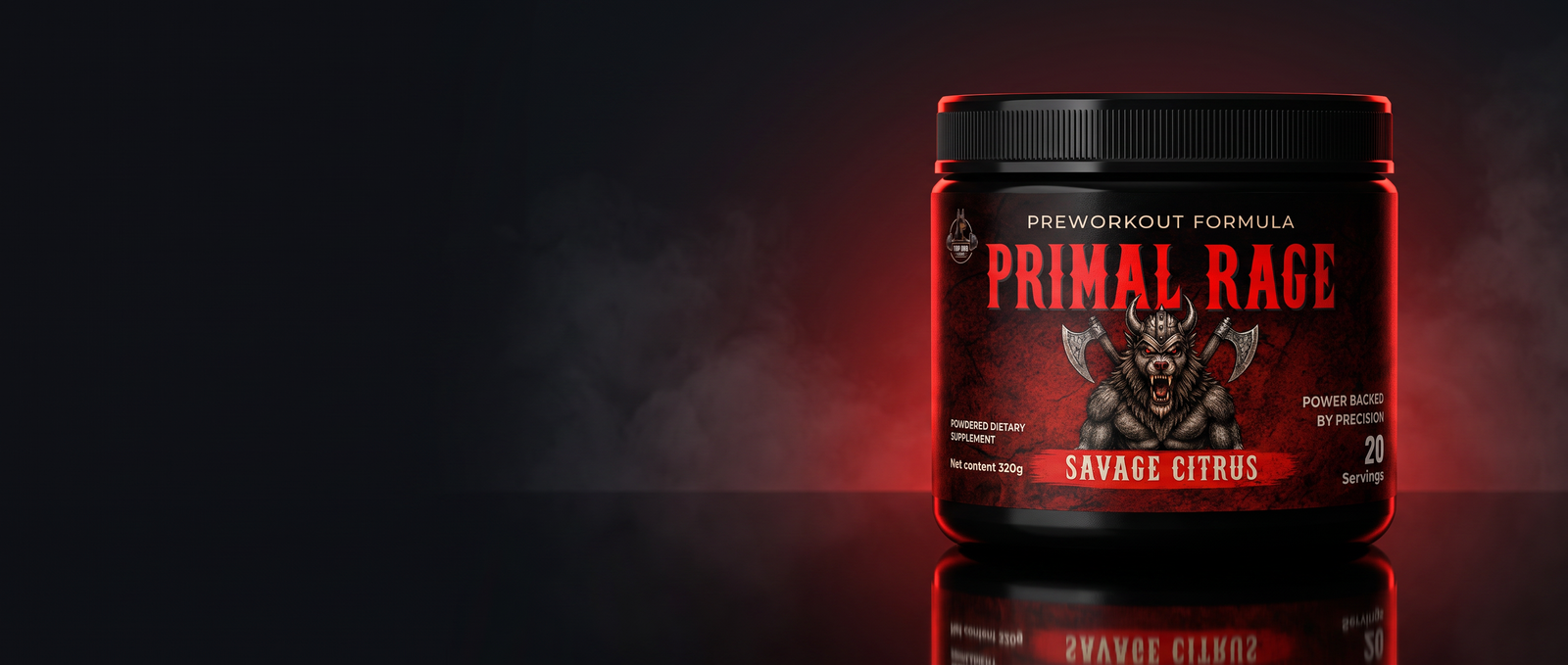 Bote de Primal Rage iluminado en rojo sobre fondo negro con humo.