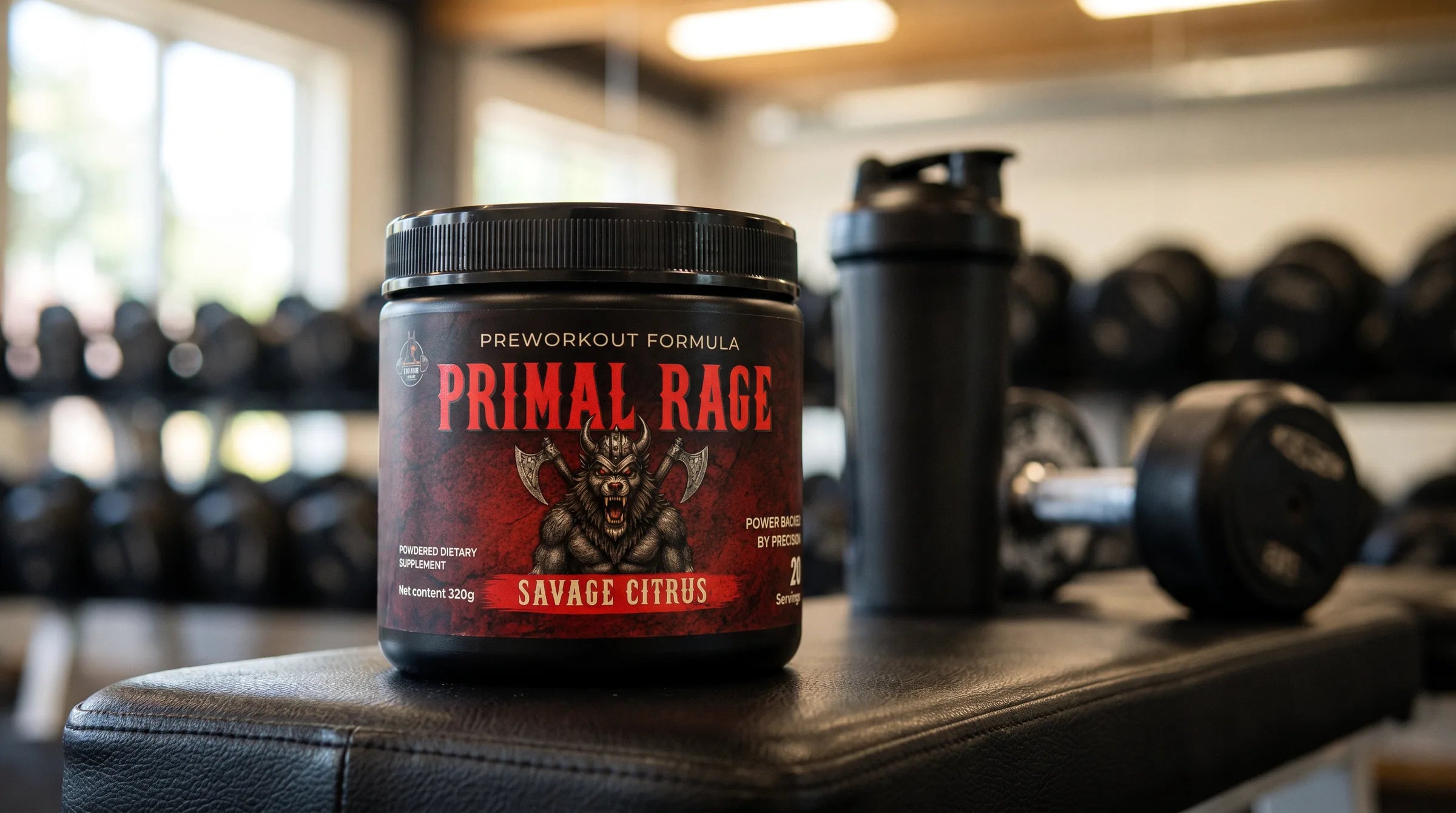 Bote de Primal Rage y un shaker negro sobre una banca de gimnasio, con mancuernas al fondo.