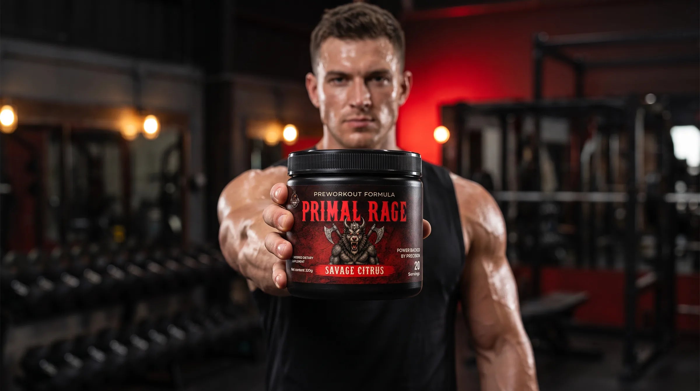 Atleta sosteniendo un bote de Primal Rage frente a la cámara en un gimnasio.