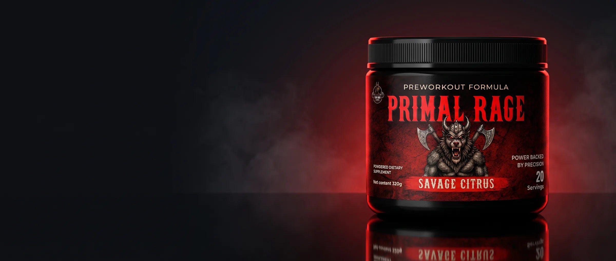 Bote de Primal Rage iluminado en rojo sobre fondo negro con humo.
